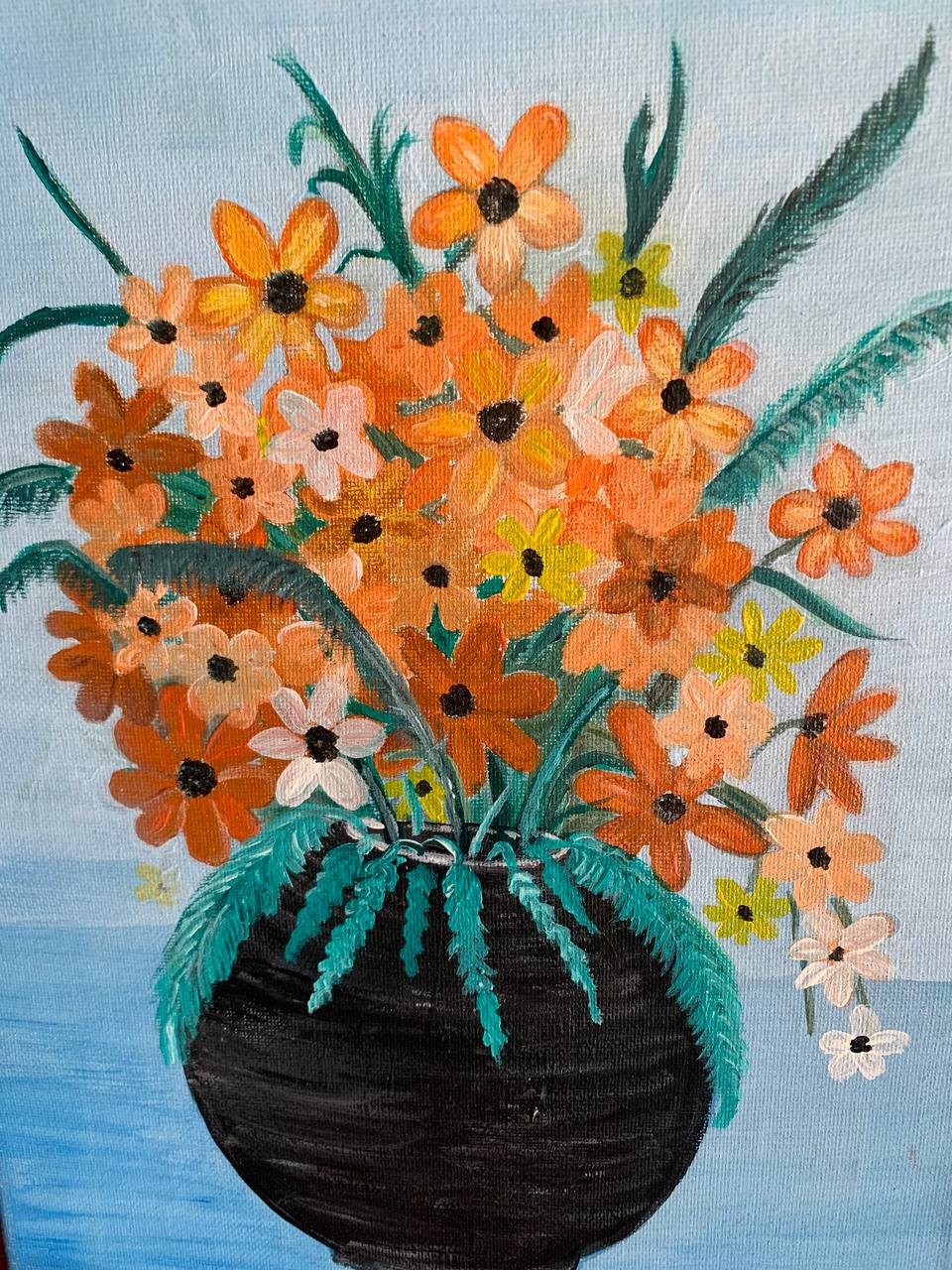 Orange floral painting in a dark vase