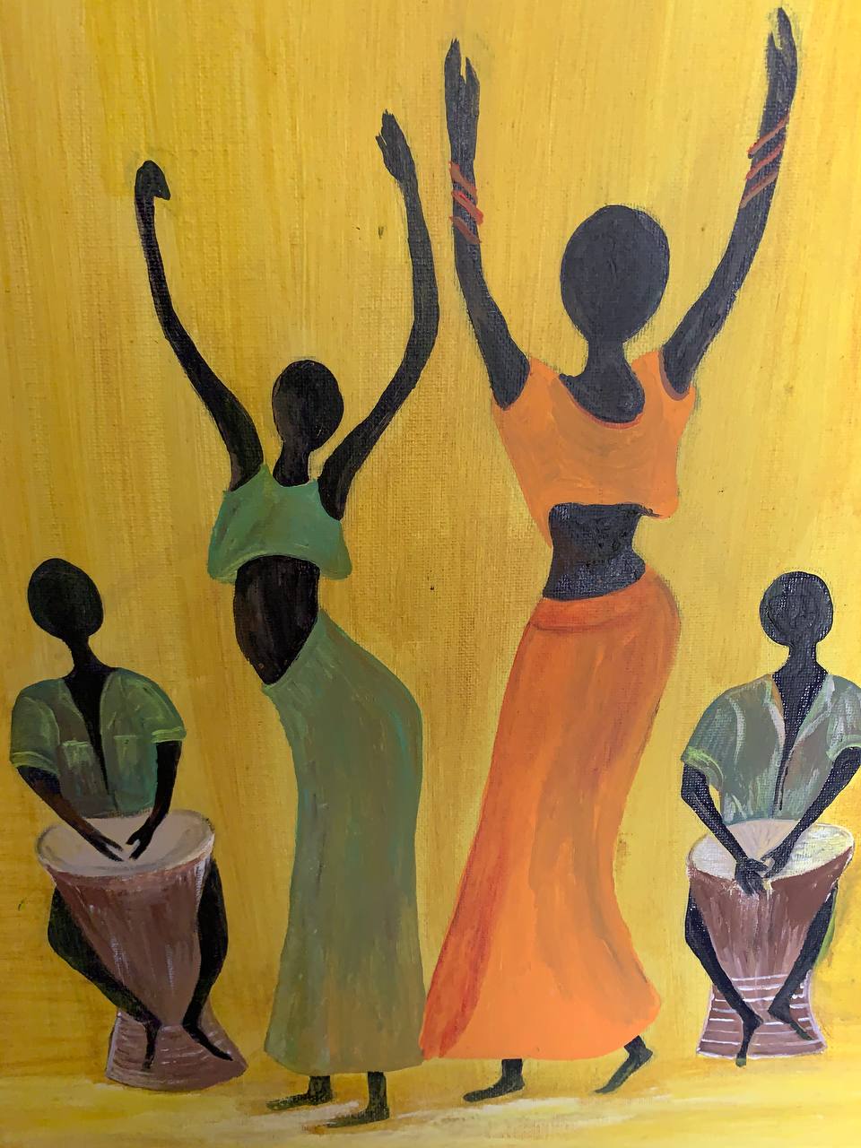 Dancers and drummers against a golden background