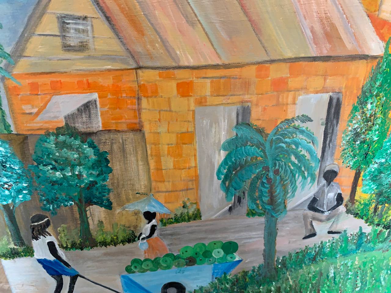 Village scene with figures, fruit cart, and trees