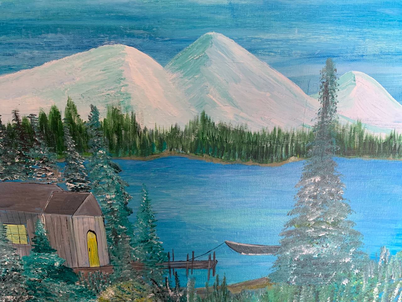 Snowy lake cabin landscape
