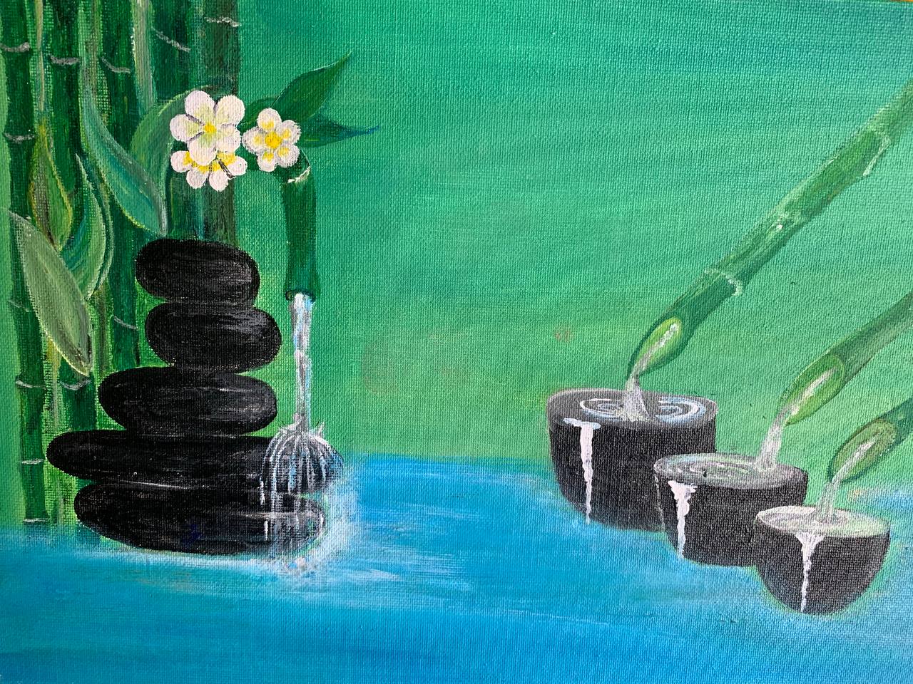 Bamboo water scene with stones