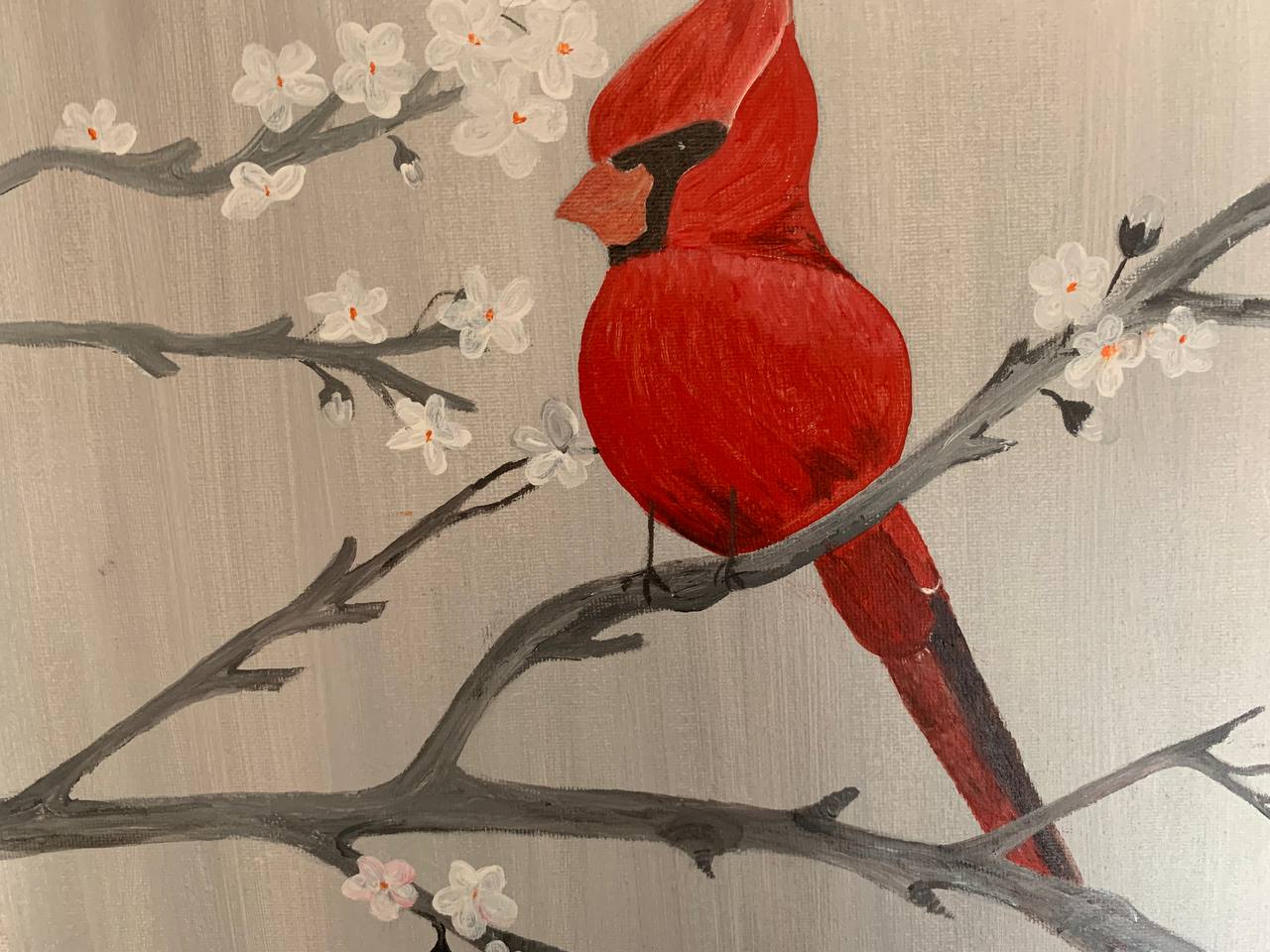 Red cardinal on flowering branch