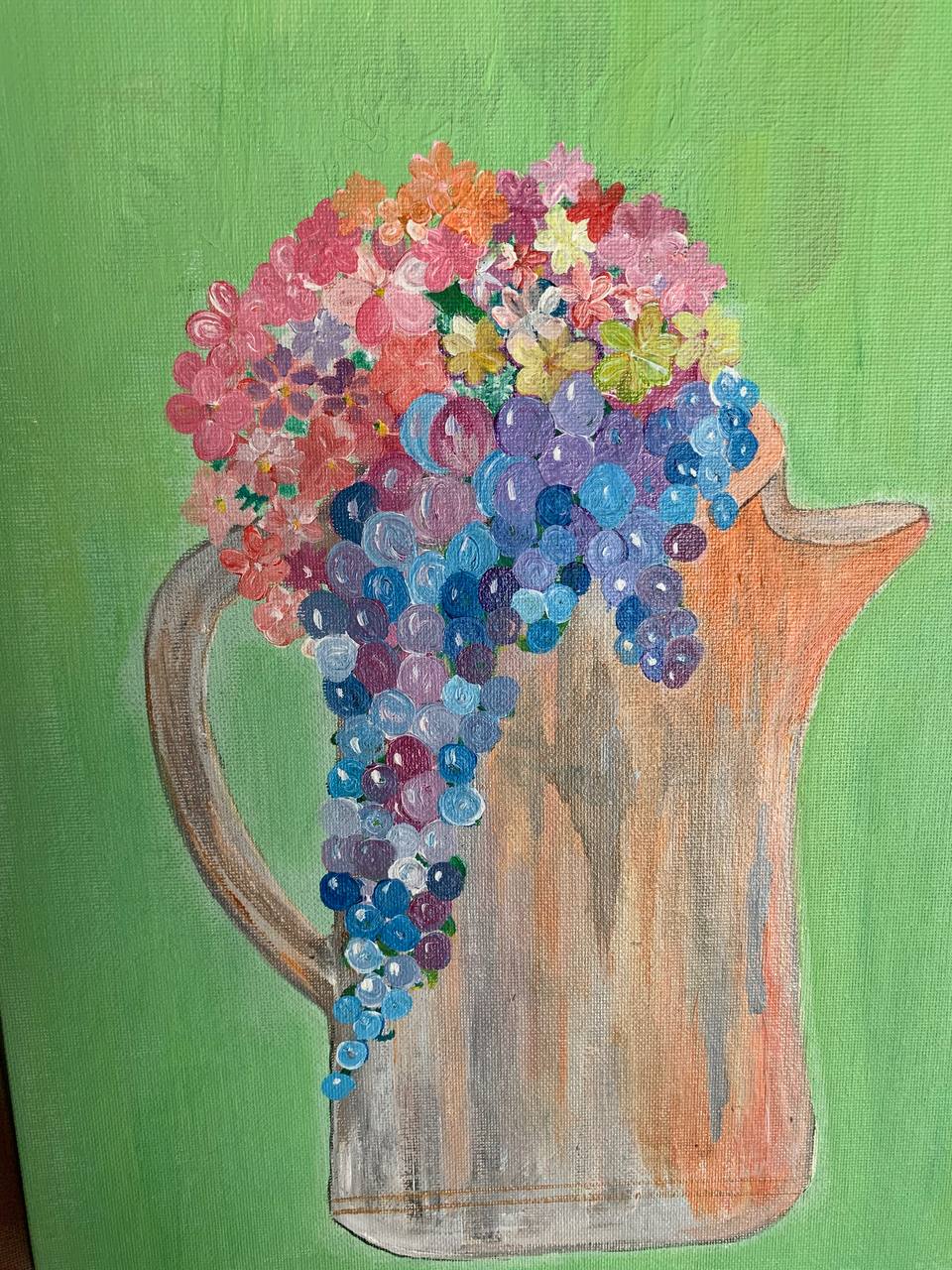Pitcher with flowers and grapes style blossoms